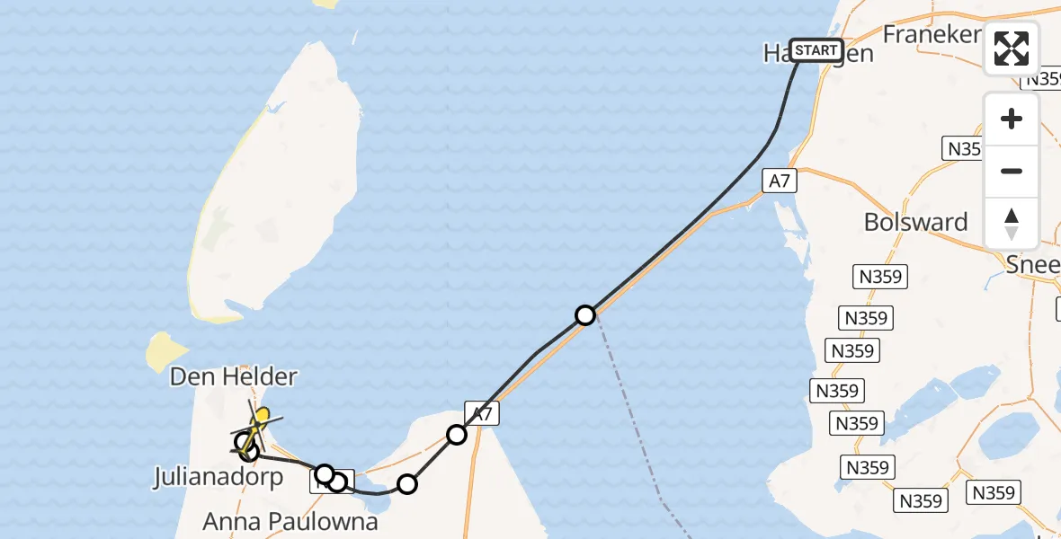 Routekaart van de vlucht: Kustwachthelikopter naar Vliegveld De Kooy, Vaargeul langs Pollendam