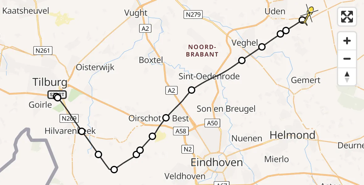 Routekaart van de vlucht: Lifeliner 3 naar Vliegbasis Volkel, Tilburgseweg