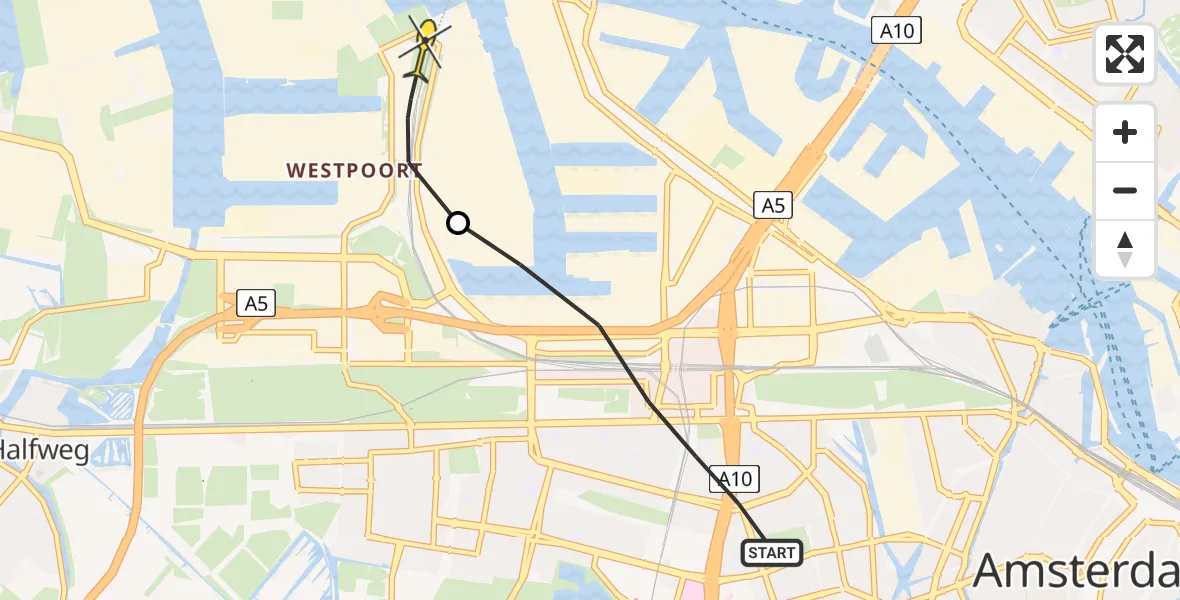 Routekaart van de vlucht: Lifeliner 1 naar Amsterdam Heliport, Wiltzanghlaan