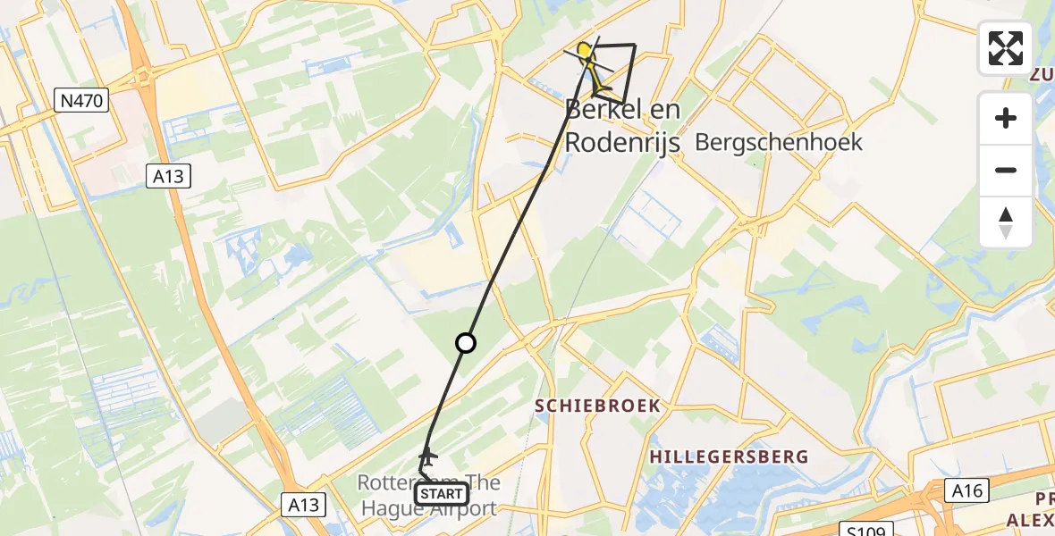 Routekaart van de vlucht: Lifeliner 2 naar Berkel en Rodenrijs, Waalpad