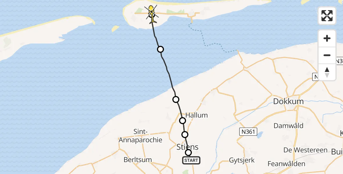Routekaart van de vlucht: Ambulancehelikopter naar Ameland Airport Ballum, Brédyk