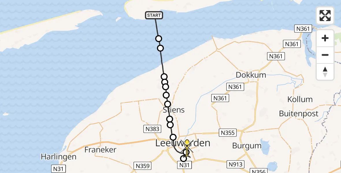 Routekaart van de vlucht: Ambulanceheli naar Leeuwarden, Molengat
