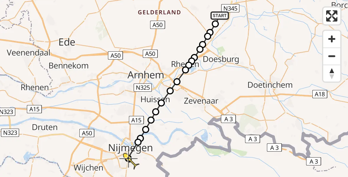Routekaart van de vlucht: Lifeliner 3 naar Radboud Universitair Medisch Centrum, Eerbeekseweg