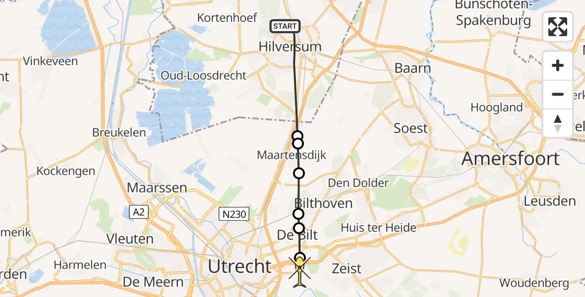 Routekaart van de vlucht: Lifeliner 1 naar Universitair Medisch Centrum Utrecht, Bussumerstraat
