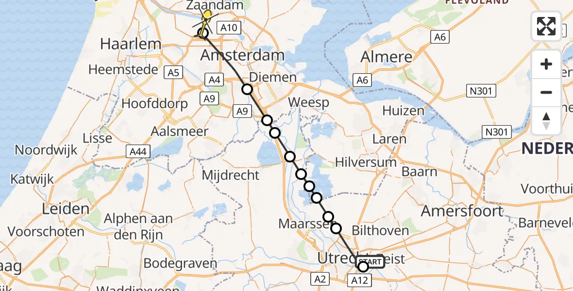 Routekaart van de vlucht: Traumaheli naar Amsterdam Heliport, Zandlaan