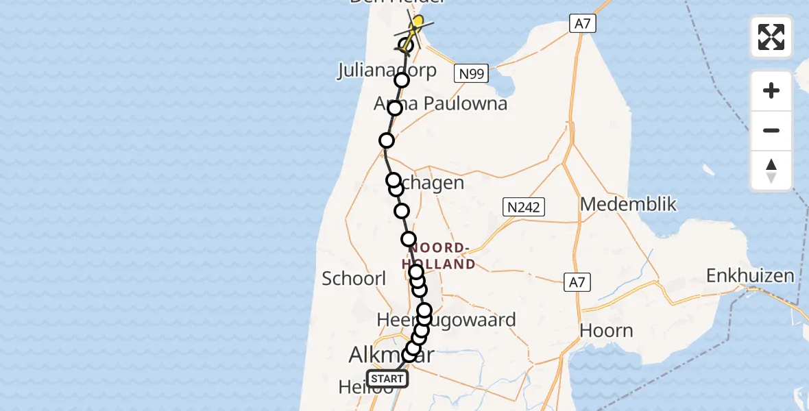 Routekaart van de vlucht: Kustwachthelikopter naar Vliegveld De Kooy, Koelmalaan