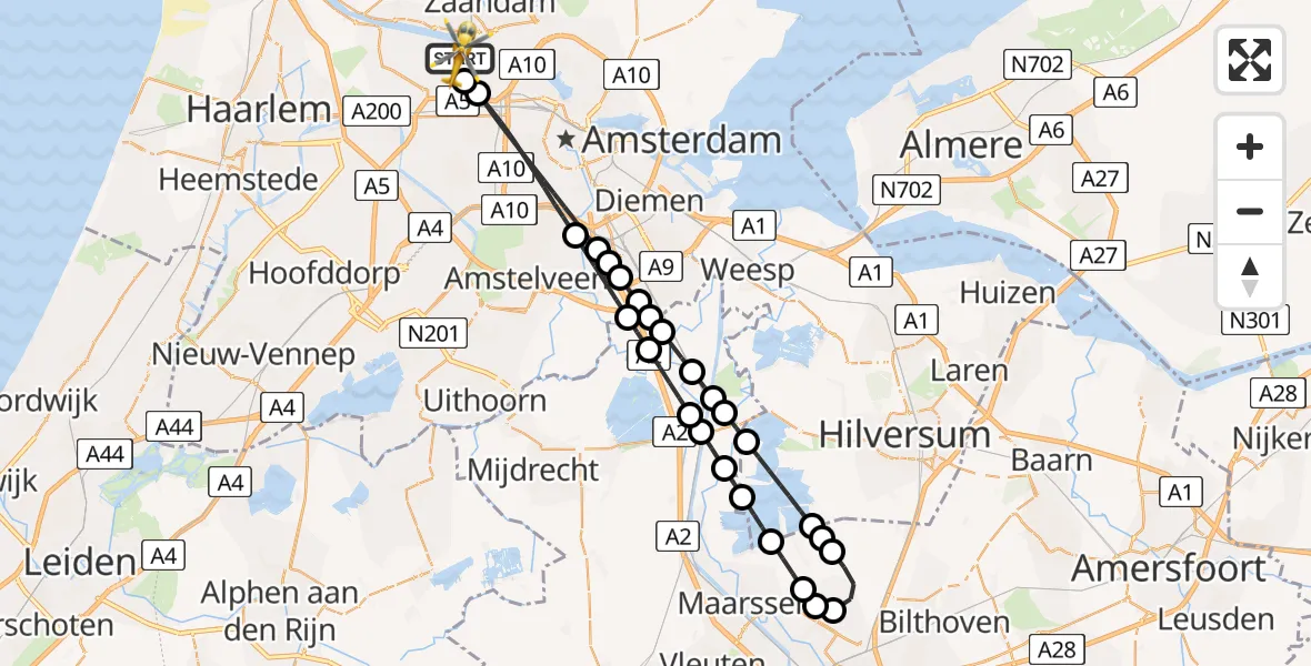 Vluchtroute Traumahelikopter van Amsterdam Heliport naar Amsterdam Heliport