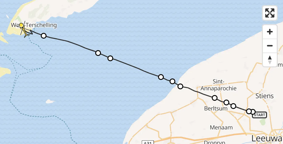 Routekaart van de vlucht: Ambulancehelikopter naar West-Terschelling, Bitgumerlân