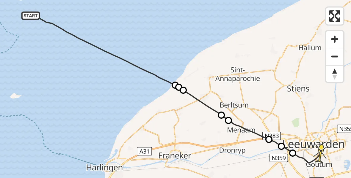 Routekaart van de vlucht: Ambulanceheli naar Leeuwarden, Borniastraat