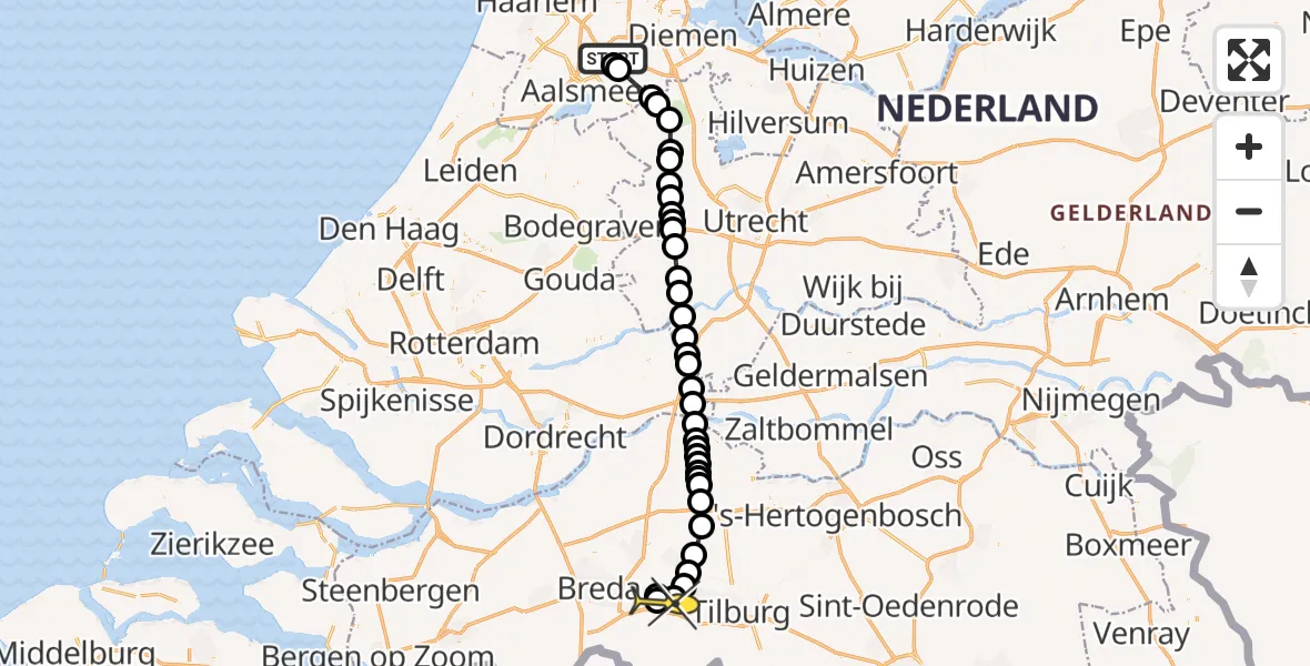 Routekaart van de vlucht: Politieheli naar Vliegbasis Gilze-Rijen, Fokkerweg