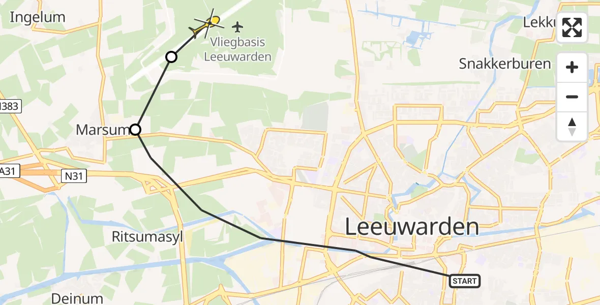 Vluchtroute Ambulancehelikopter van Leeuwarden naar Vliegbasis Leeuwarden