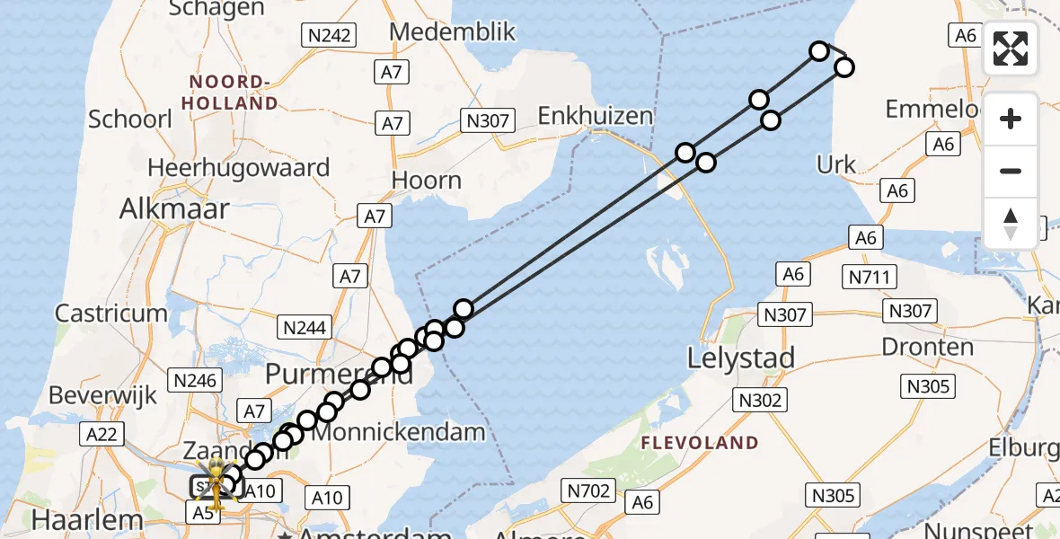 Vluchtroute Traumahelikopter van Amsterdam Heliport naar Amsterdam Heliport