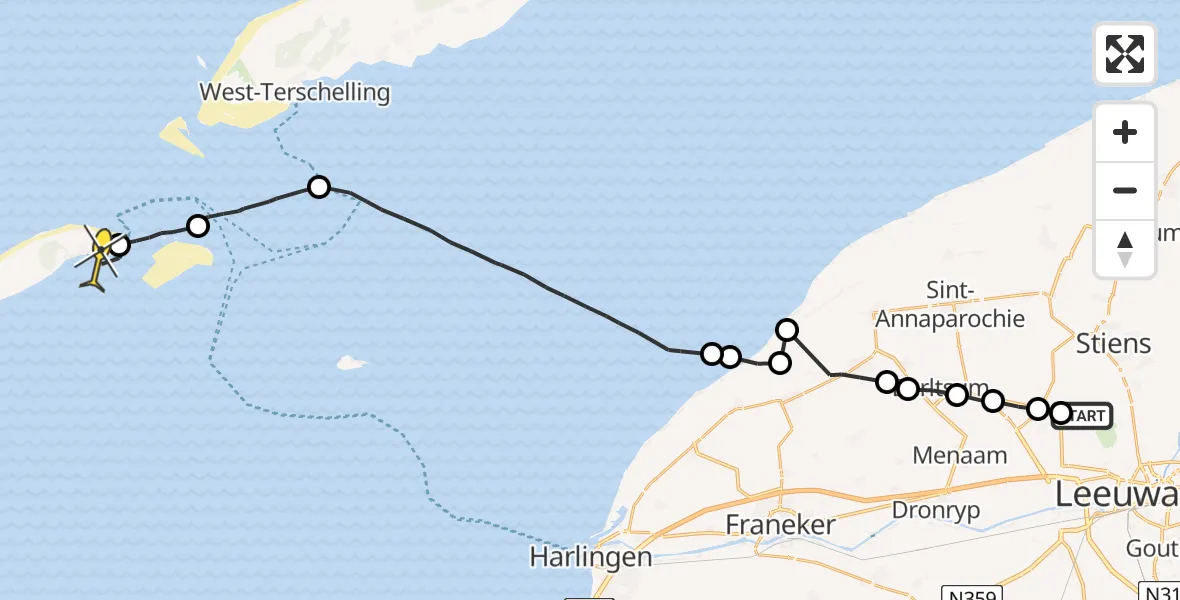 Routekaart van de vlucht: Ambulanceheli naar Vlieland Heliport, Hogerhuisdyk