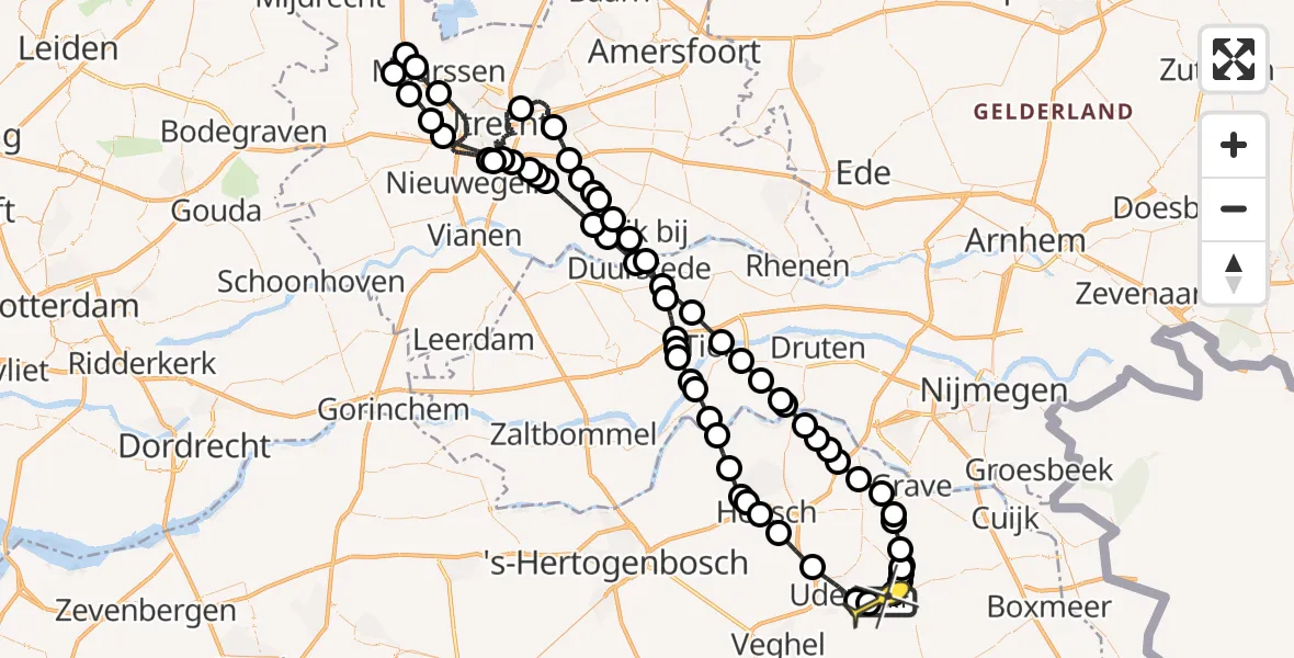 Routekaart van de vlucht: Politieheli naar Vliegbasis Volkel, Zeelandsedijk