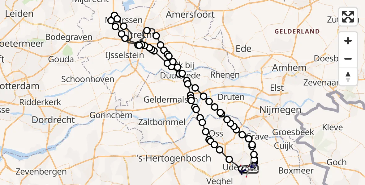 Vluchtroute Politiehelikopter van Vliegbasis Volkel naar Vliegbasis Volkel
