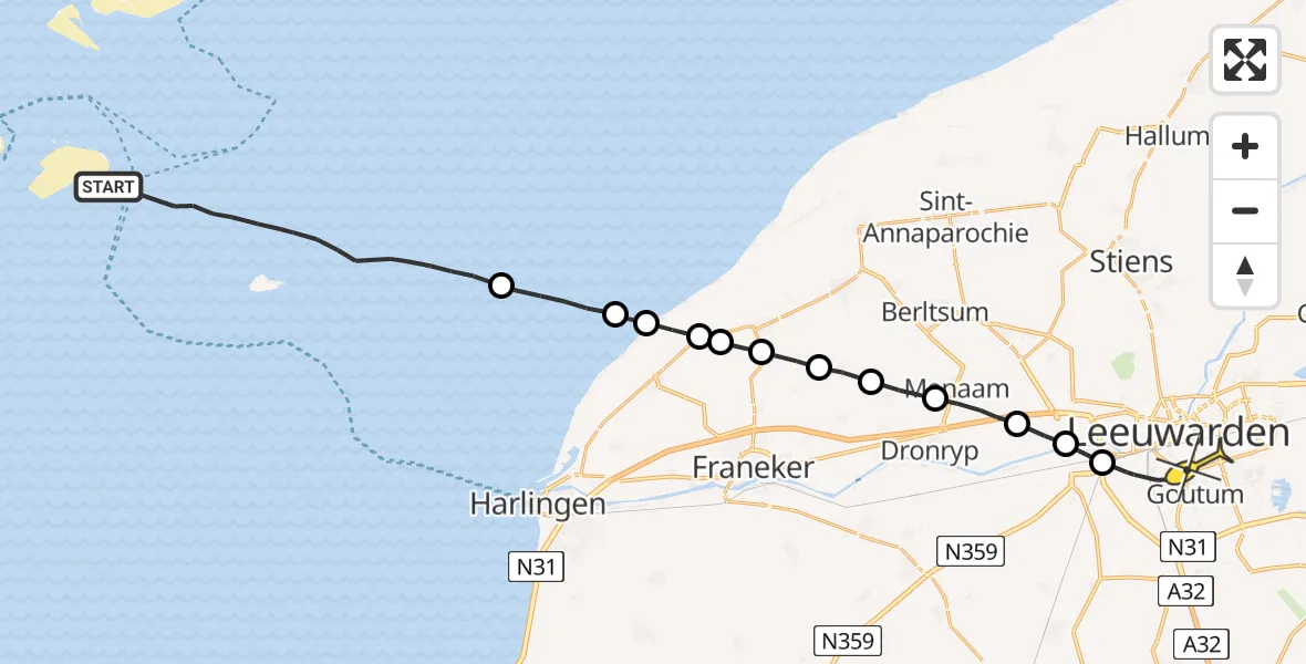 Routekaart van de vlucht: Ambulanceheli naar Leeuwarden, Aldlânsdyk