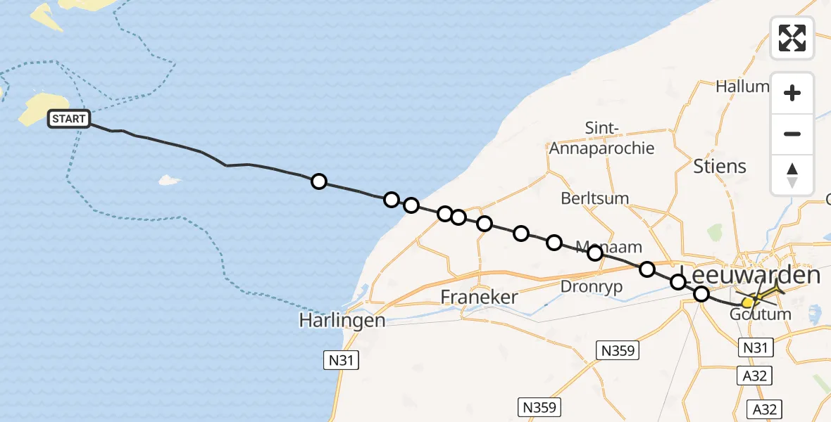 Routekaart van de vlucht: Ambulancehelikopter naar Leeuwarden, Aldlânsdyk