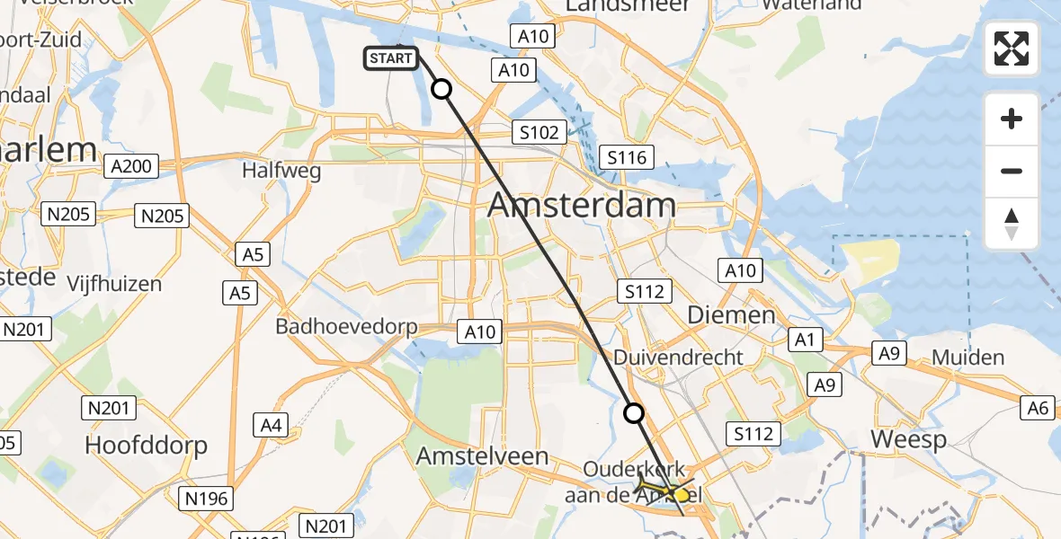 Routekaart van de vlucht: Lifeliner 1 naar Ouderkerk aan de Amstel, Westhavenweg