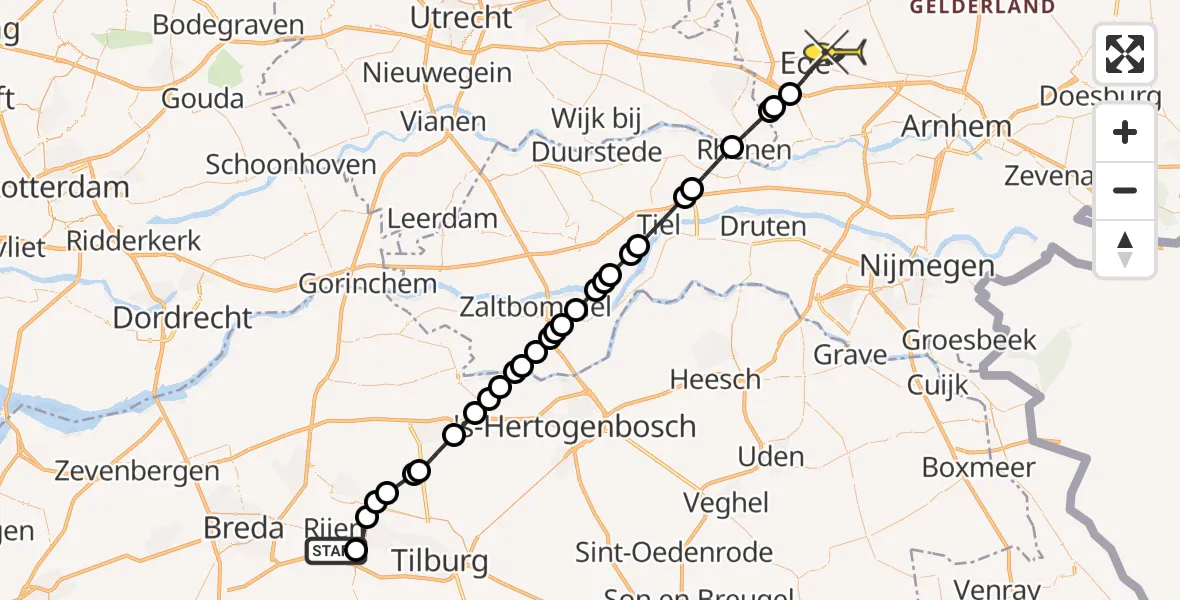 Routekaart van de vlucht: Politieheli naar Ede, Rijksweg