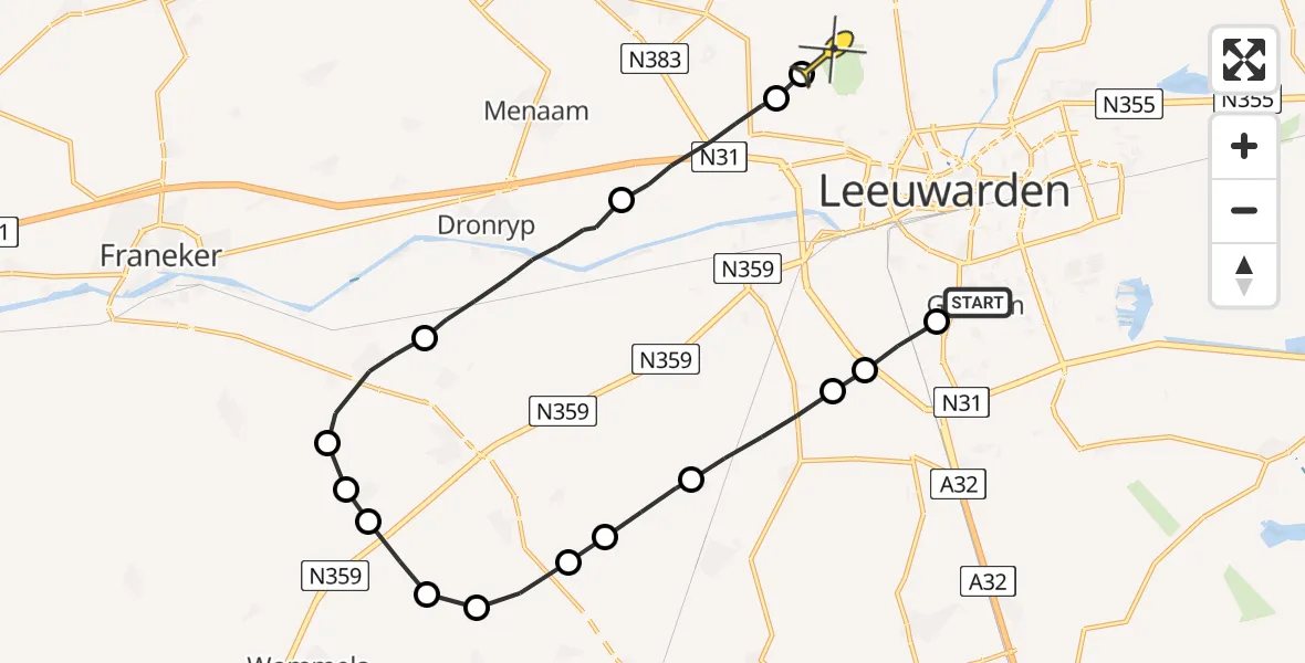 Routekaart van de vlucht: Ambulanceheli naar Vliegbasis Leeuwarden, Kempenaersreed