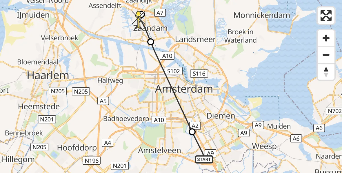 Routekaart van de vlucht: Lifeliner 1 naar Zaandam, Burgemeester Stramanweg