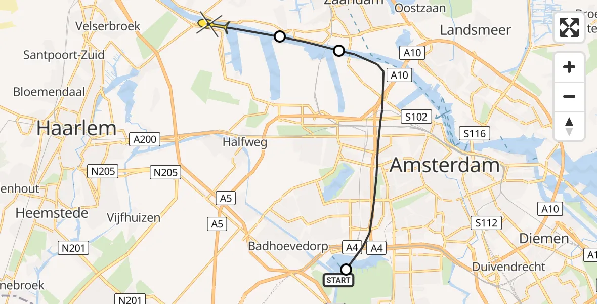 Routekaart van de vlucht: Politiehelikopter naar Spaarndam, Riekerweg