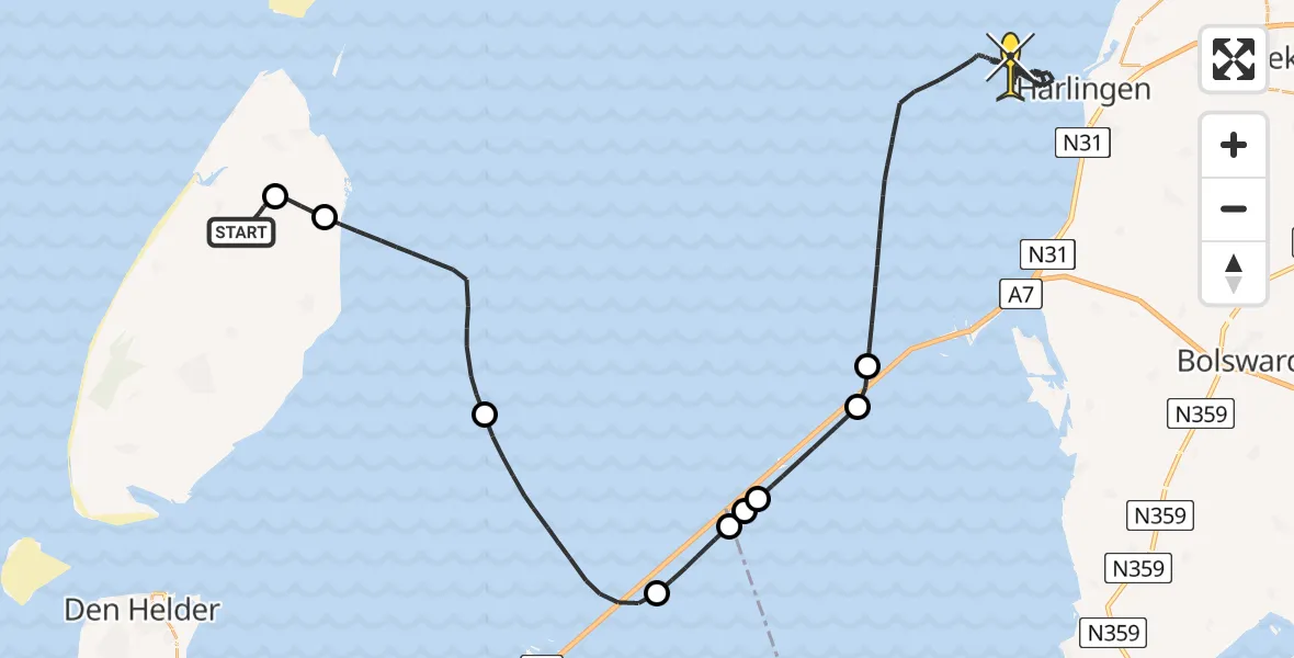 Routekaart van de vlucht: Kustwachthelikopter naar Harlingen, Postweg