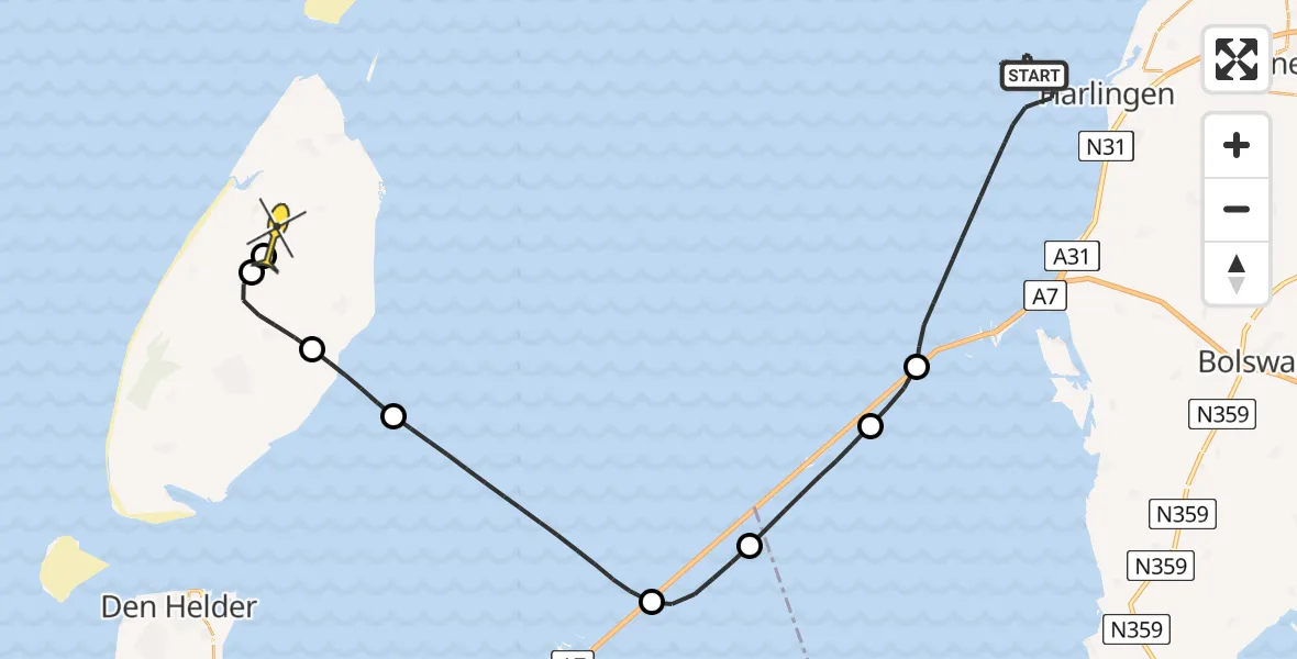 Routekaart van de vlucht: Kustwachthelikopter naar Texel International Airport, Vaargeul langs Pollendam