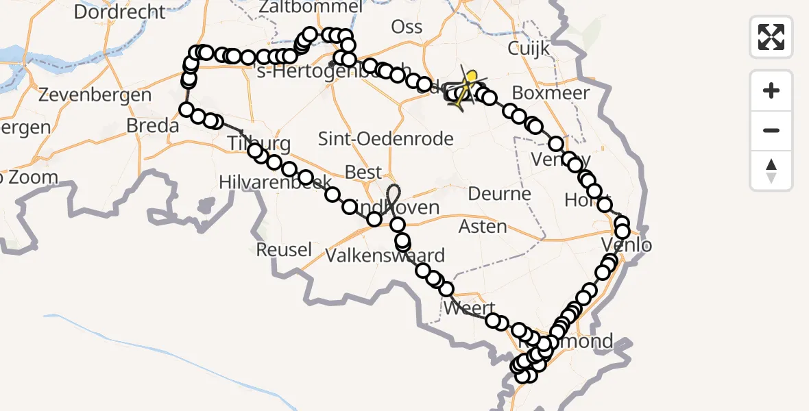 Routekaart van de vlucht: Politieheli naar Vliegbasis Volkel, Zeelandsedijk