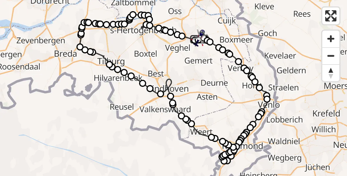 Vluchtroute Politiehelikopter van Vliegbasis Volkel naar Vliegbasis Volkel