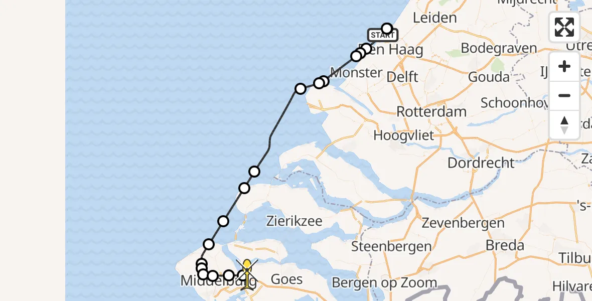 Routekaart van de vlucht: Kustwachthelikopter naar Vliegveld Midden-Zeeland, Strand Noord