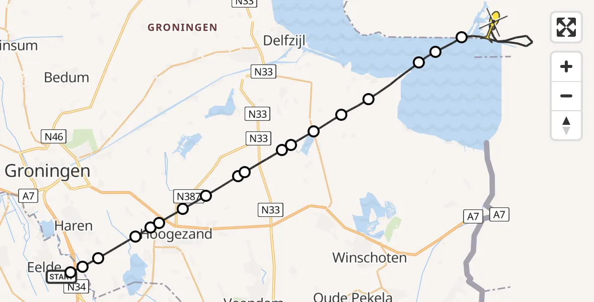 Routekaart van de vlucht: Lifeliner 4 naar Emden, Burgemeester J.G. Legroweg