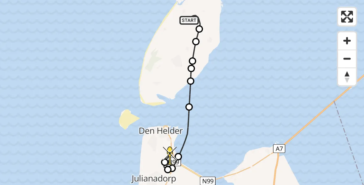 Routekaart van de vlucht: Kustwachthelikopter naar Vliegveld De Kooy, Slufterweg