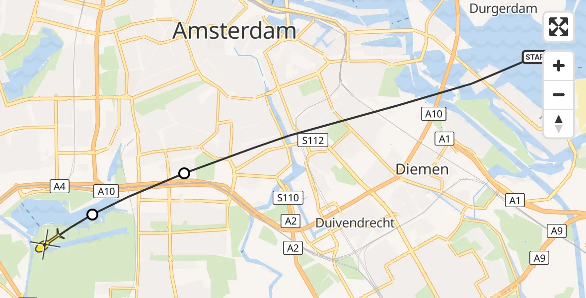 Routekaart van de vlucht: Politiehelikopter naar Amstelveen, Cornelis Zillesenlaan