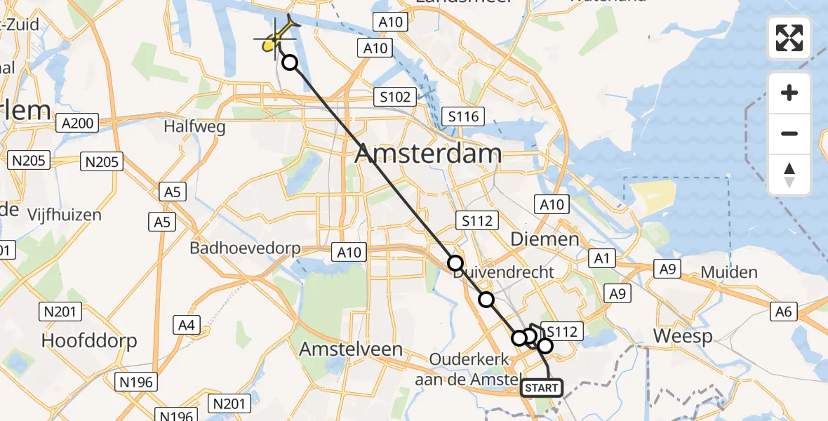 Routekaart van de vlucht: Lifeliner 1 naar Amsterdam Heliport, Nieuwersluishof