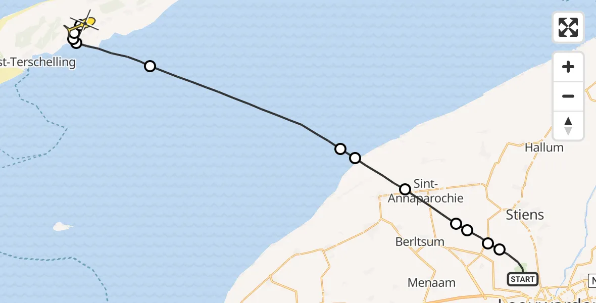 Routekaart van de vlucht: Ambulancehelikopter naar Midsland, Keegsdijkje