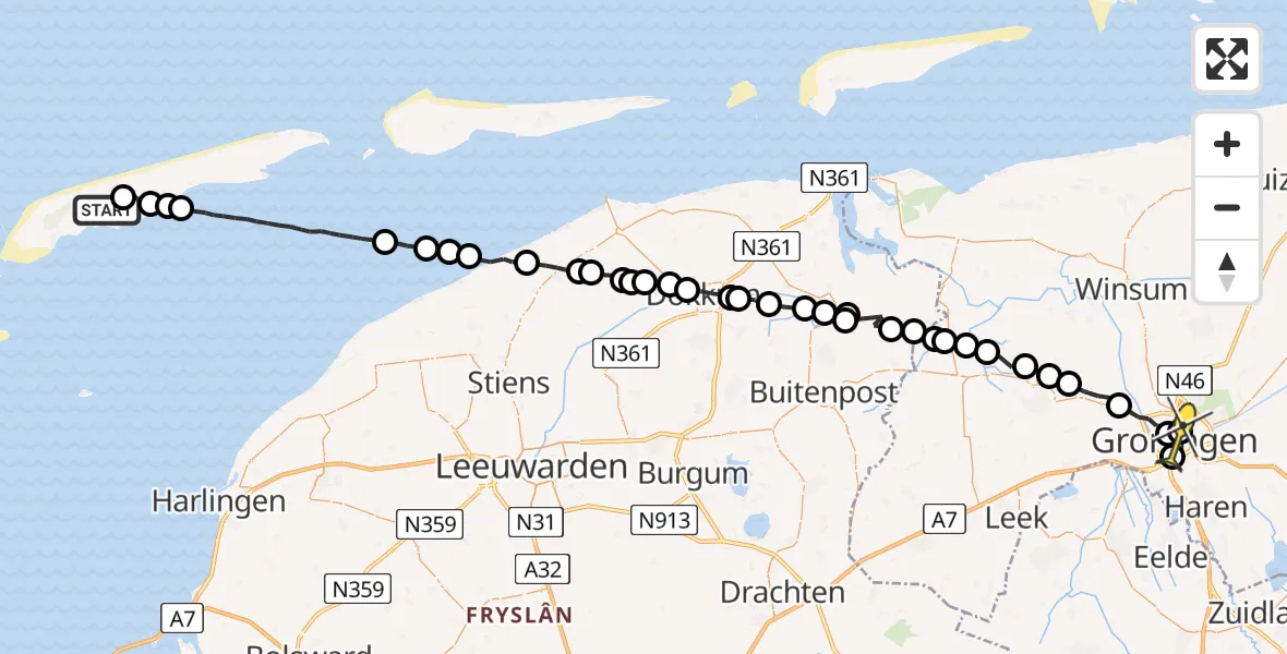 Routekaart van de vlucht: Ambulancehelikopter naar Universitair Medisch Centrum Groningen, Badweg Formerum