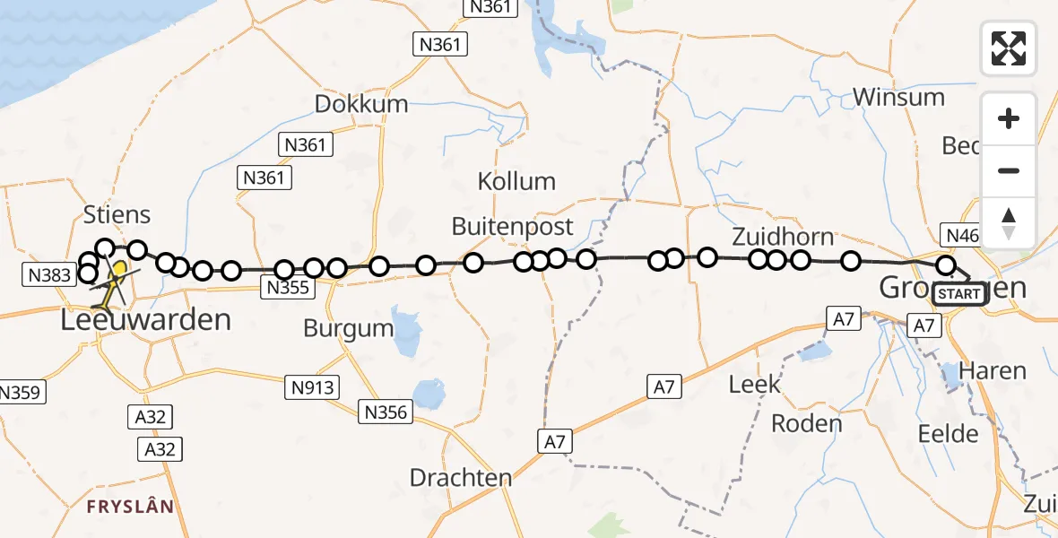 Vluchtroute Ambulancehelikopter van Universitair Medisch Centrum Groningen naar Vliegbasis Leeuwarden