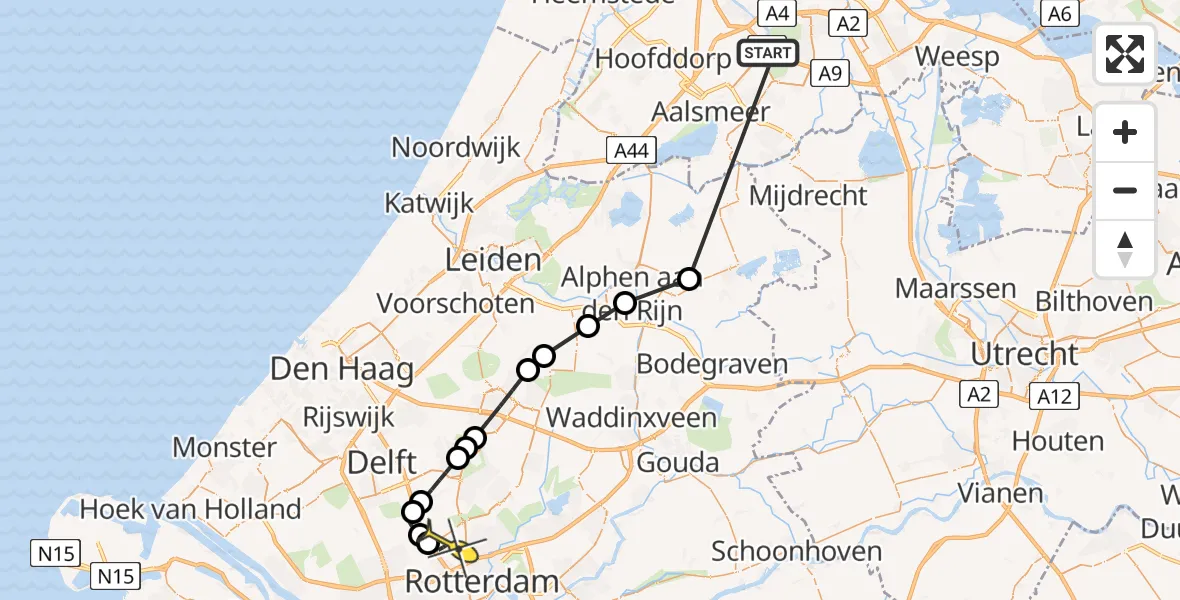 Routekaart van de vlucht: Politieheli naar Rotterdam The Hague Airport, Noordeinde