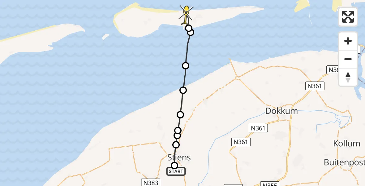 Routekaart van de vlucht: Ambulancehelikopter naar Nes, Finnedyk