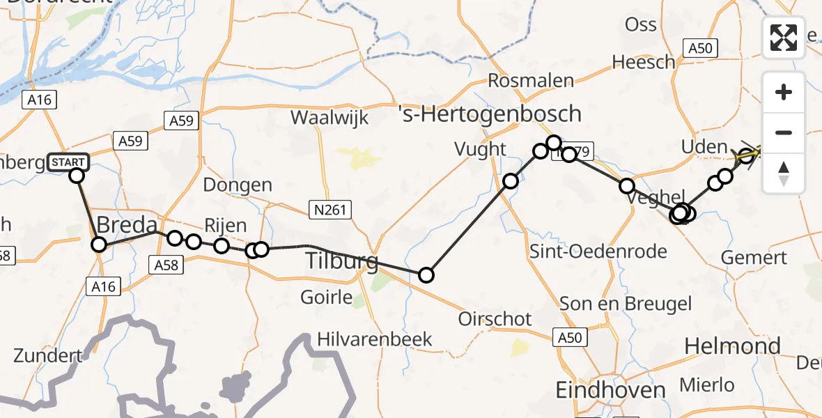 Routekaart van de vlucht: Politieheli naar Vliegbasis Volkel, Nieuwveerweg