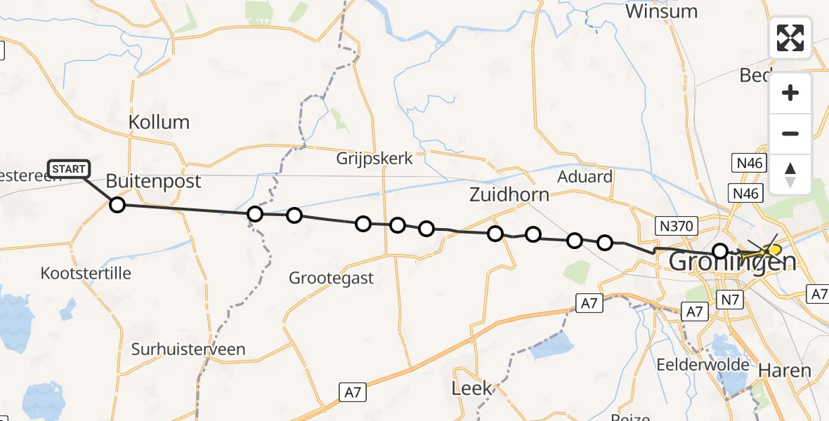 Routekaart van de vlucht: Ambulanceheli naar Universitair Medisch Centrum Groningen, Sânsleat