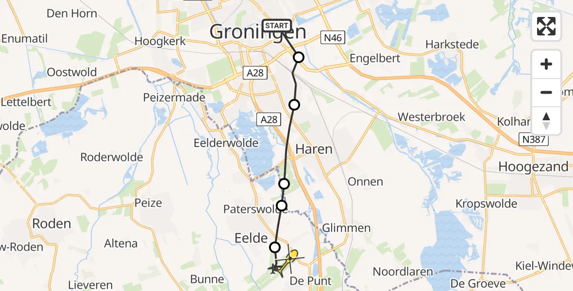 Routekaart van de vlucht: Ambulanceheli naar Groningen Airport Eelde, Bornholmstraat