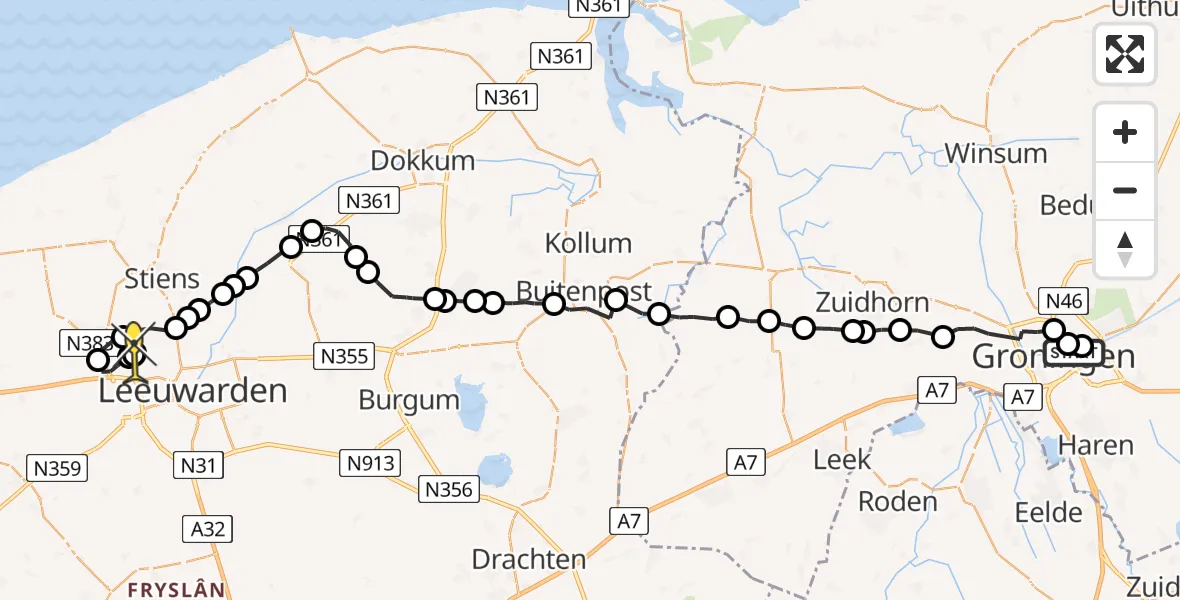 Routekaart van de vlucht: Ambulanceheli naar Leeuwarden, Zaagmuldersweg