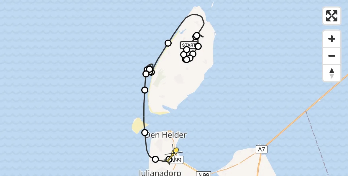 Routekaart van de vlucht: Kustwachthelikopter naar Vliegveld De Kooy, Postweg