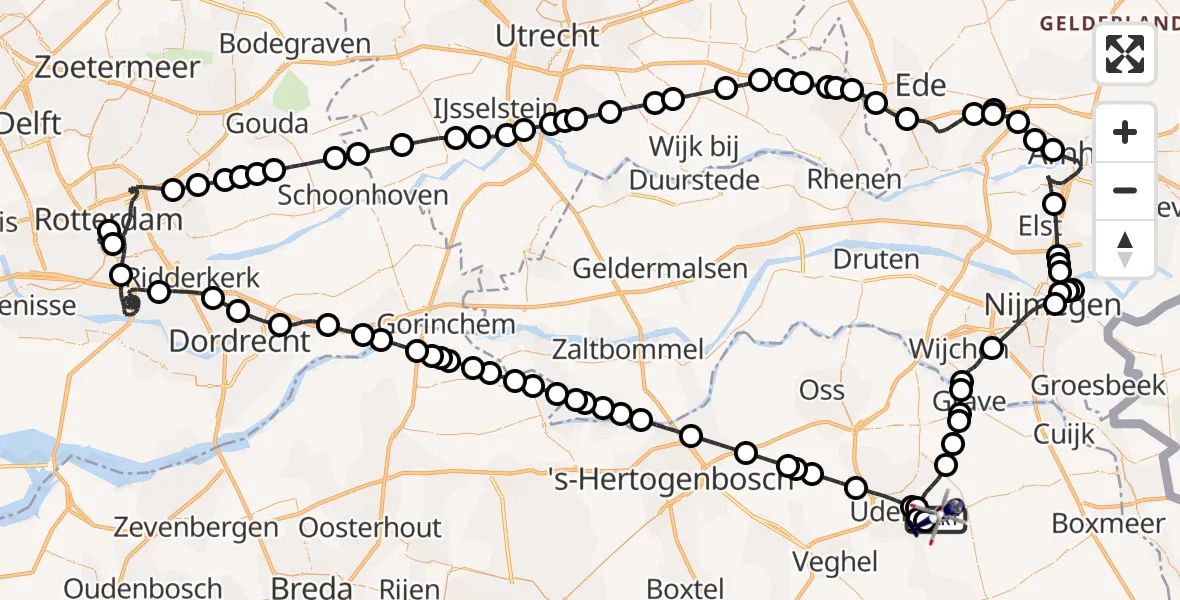 Vluchtroute Politiehelikopter van Vliegbasis Volkel naar Vliegbasis Volkel
