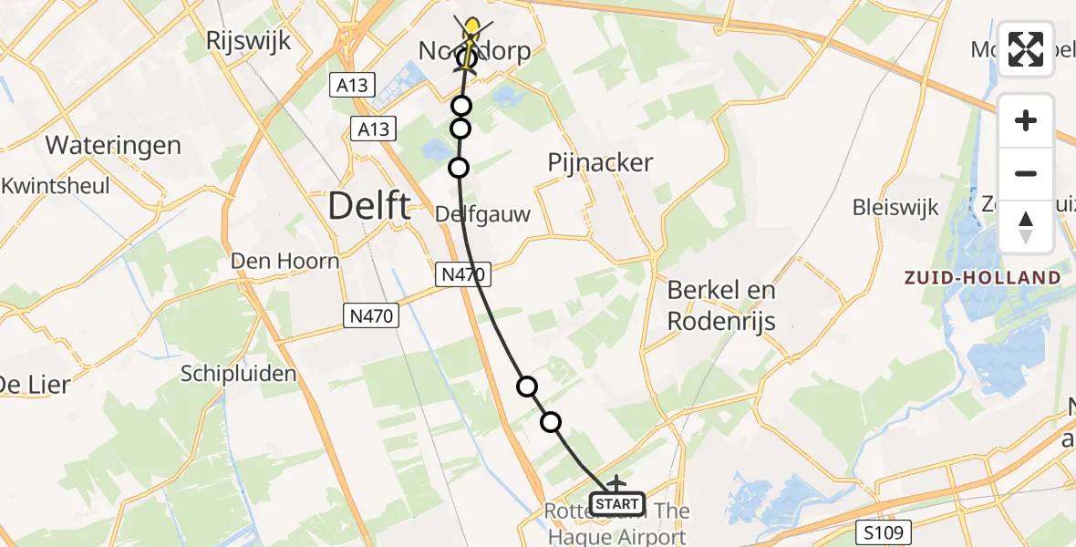 Routekaart van de vlucht: Politiehelikopter naar Nootdorp, Schieveense polder