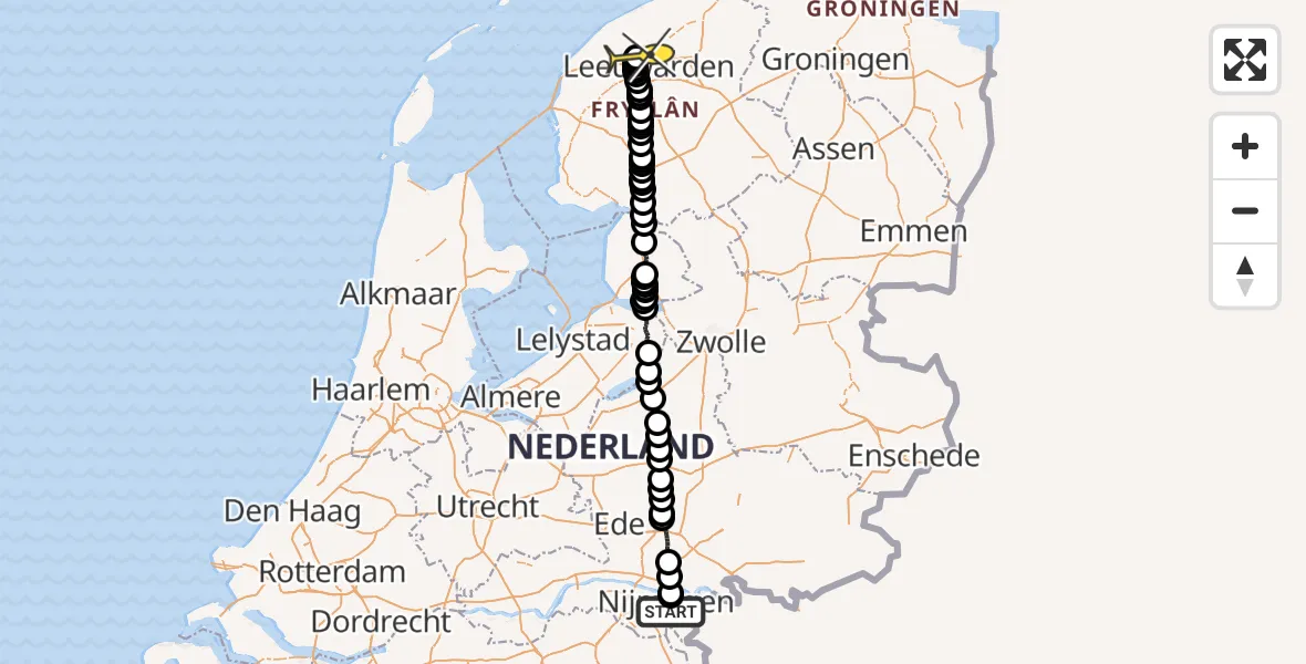 Routekaart van de vlucht: Ambulanceheli naar Vliegbasis Leeuwarden, Broerweg