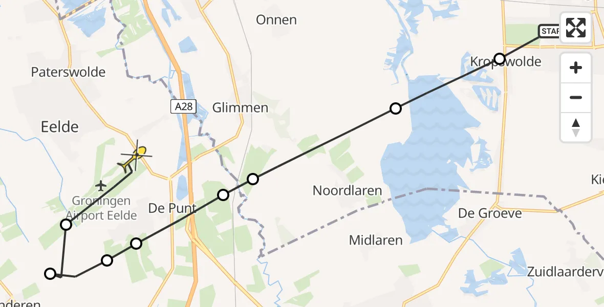 Routekaart van de vlucht: Lifeliner 4 naar Groningen Airport Eelde, Woldweg