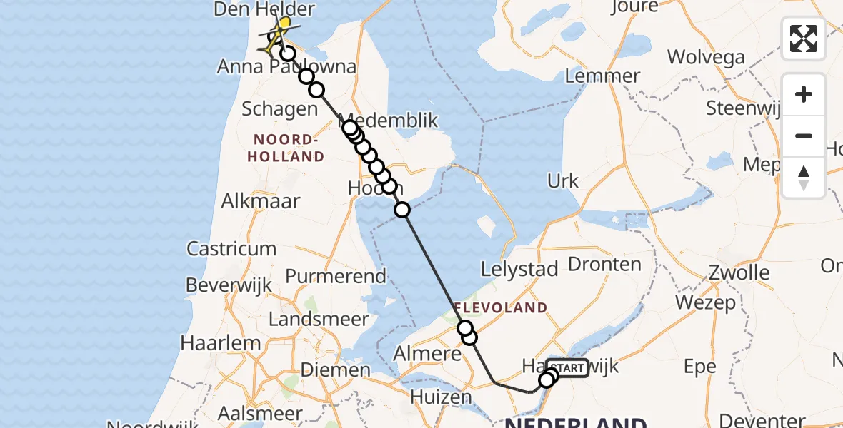 Routekaart van de vlucht: Lifeliner 1 naar Vliegveld De Kooy, Hanzestrand